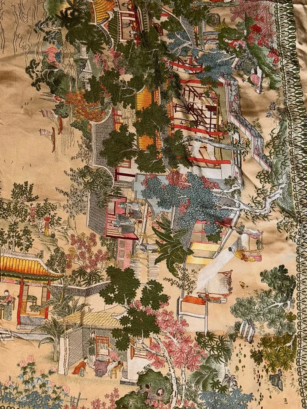 Vintage Chinoiserie Silk Scenic Wall Hanging in Multicolor